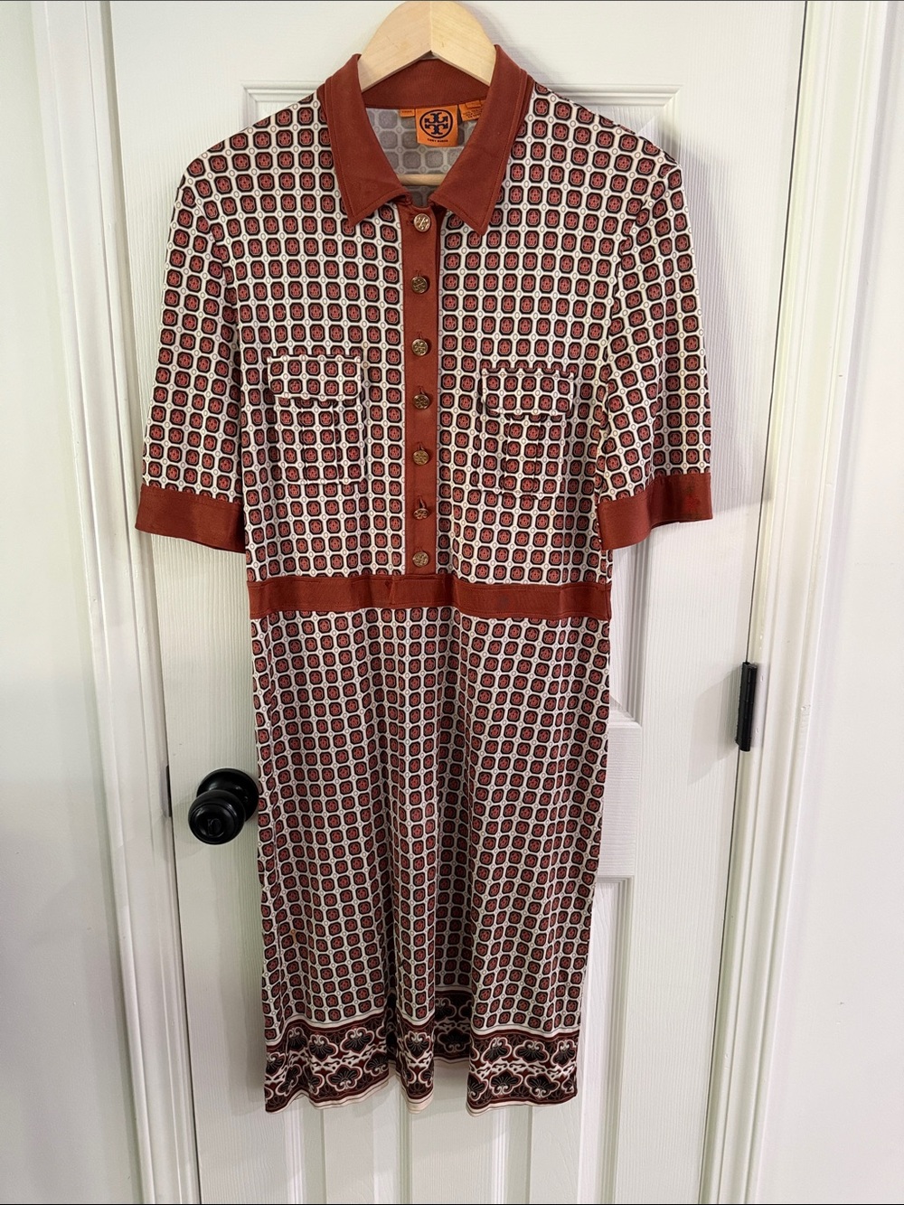 Tory Burch Rust and Cream Geometric Knit Polo Midi Dress